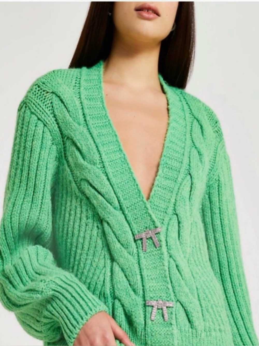 River Island Green Cardigan with Bow Crystal Buttons Size M